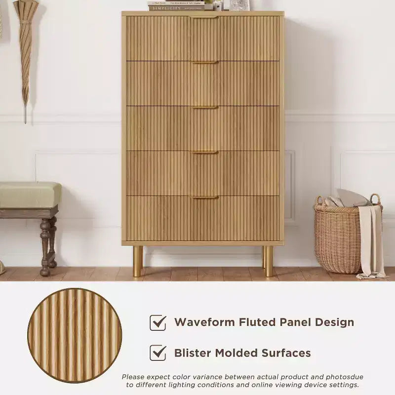 Commode blanche à 5 tiroirs pour chambre à coucher, meuble de rangement moderne avec poignées dorées, grands tiroirs, armoire de rangement pour salon, couloir, bureau