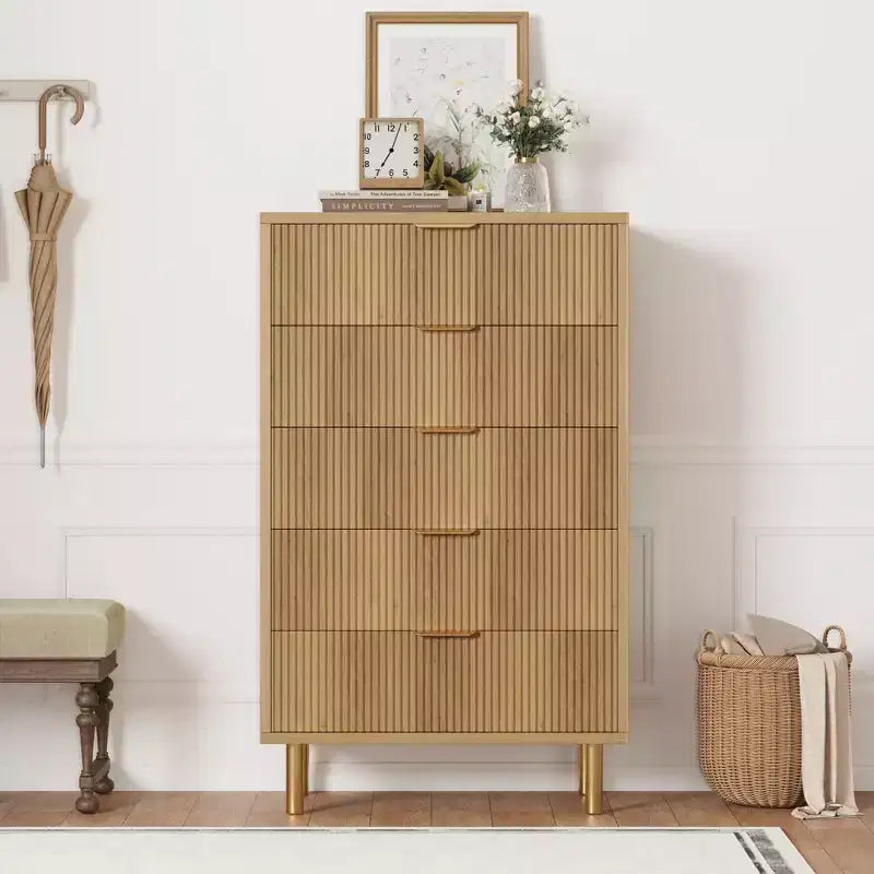 Commode blanche à 5 tiroirs pour chambre à coucher, meuble de rangement moderne avec poignées dorées, grands tiroirs, armoire de rangement pour salon, couloir, bureau