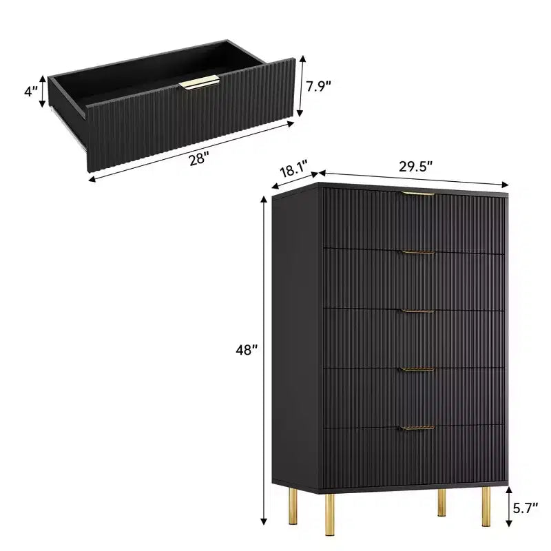 Commode blanche à 5 tiroirs pour chambre à coucher, meuble de rangement moderne avec poignées dorées, grands tiroirs, armoire de rangement pour salon, couloir, bureau