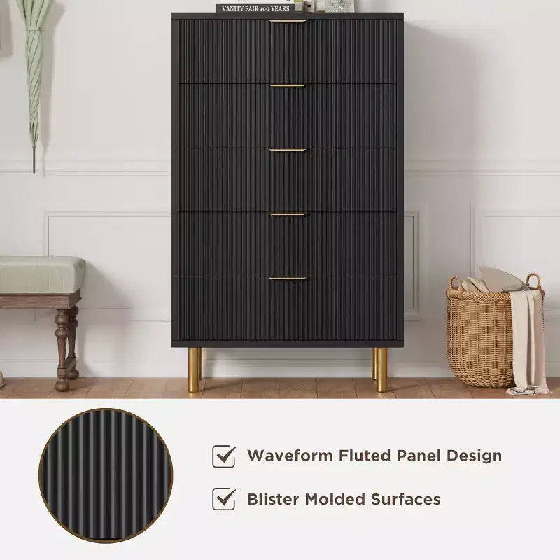 Commode blanche à 5 tiroirs pour chambre à coucher, meuble de rangement moderne avec poignées dorées, grands tiroirs, armoire de rangement pour salon, couloir, bureau