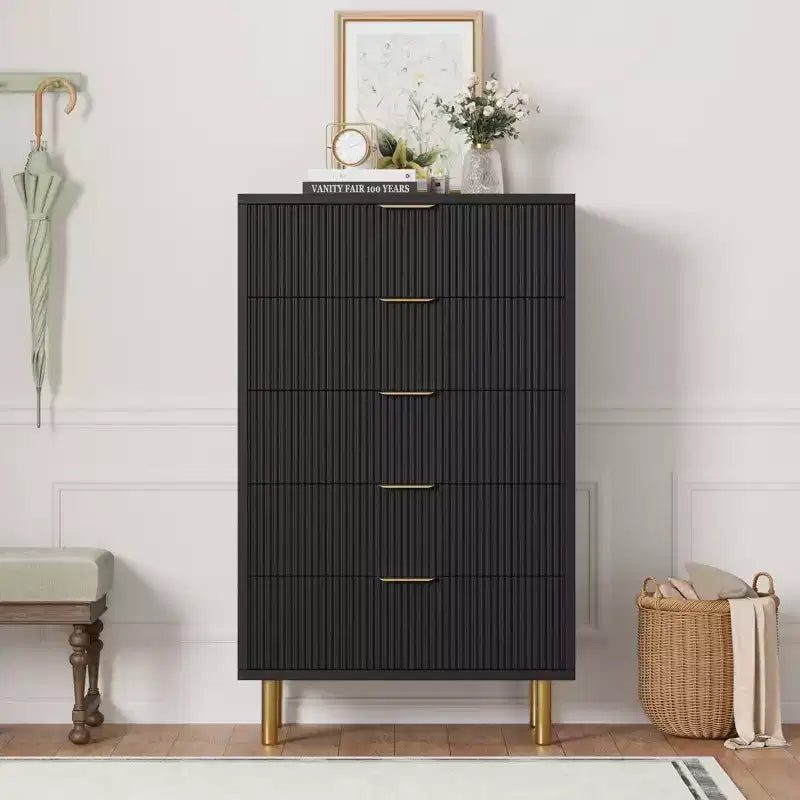 Commode blanche à 5 tiroirs pour chambre à coucher, meuble de rangement moderne avec poignées dorées, grands tiroirs, armoire de rangement pour salon, couloir, bureau