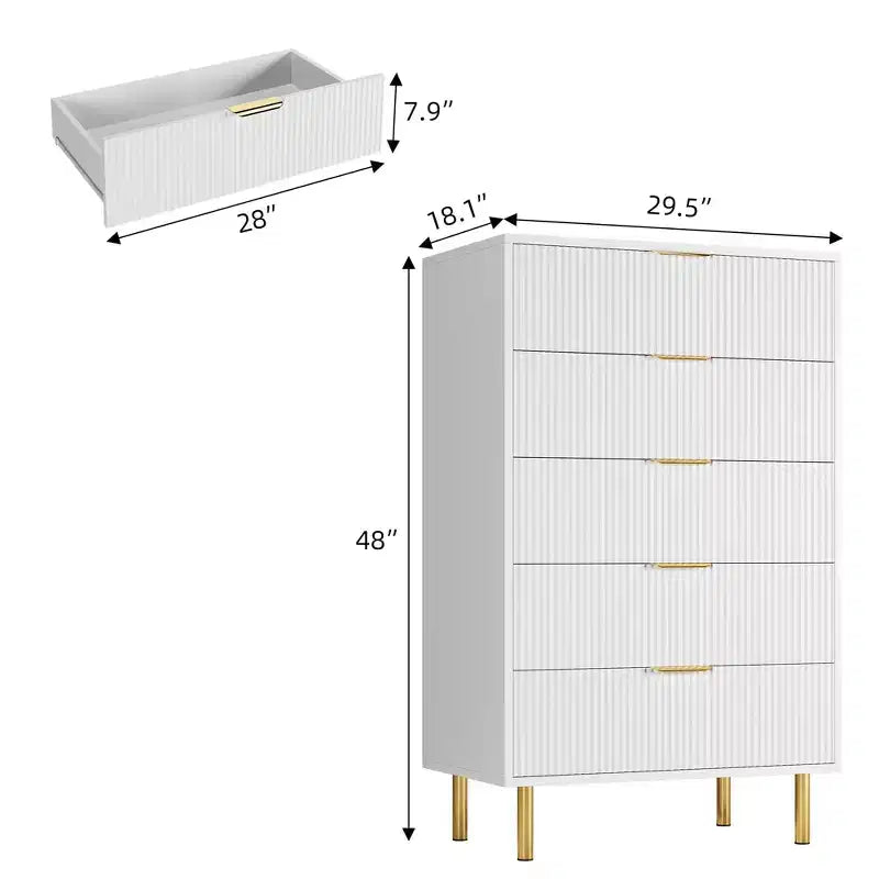 Commode blanche à 5 tiroirs pour chambre à coucher, meuble de rangement moderne avec poignées dorées, grands tiroirs, armoire de rangement pour salon, couloir, bureau