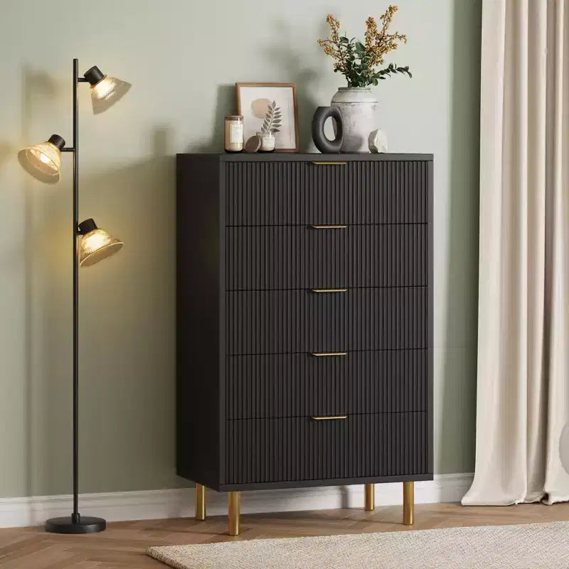 Acekool White 5 Drawer Dresser for Bedroom, Modern Storage Chest with Gold Handles, Large Drawers, Organizer Cabinet for Living Room, Hallway, Office