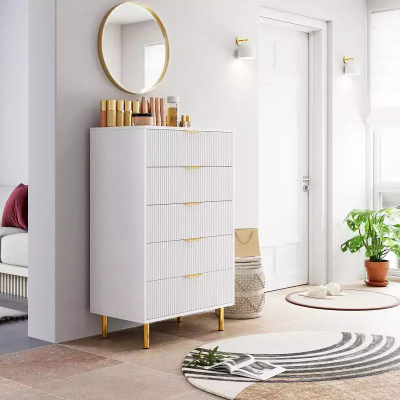 Commode blanche à 5 tiroirs pour chambre à coucher, meuble de rangement moderne avec poignées dorées, grands tiroirs, armoire de rangement pour salon, couloir, bureau