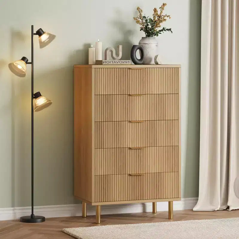 Commode blanche à 5 tiroirs pour chambre à coucher, meuble de rangement moderne avec poignées dorées, grands tiroirs, armoire de rangement pour salon, couloir, bureau