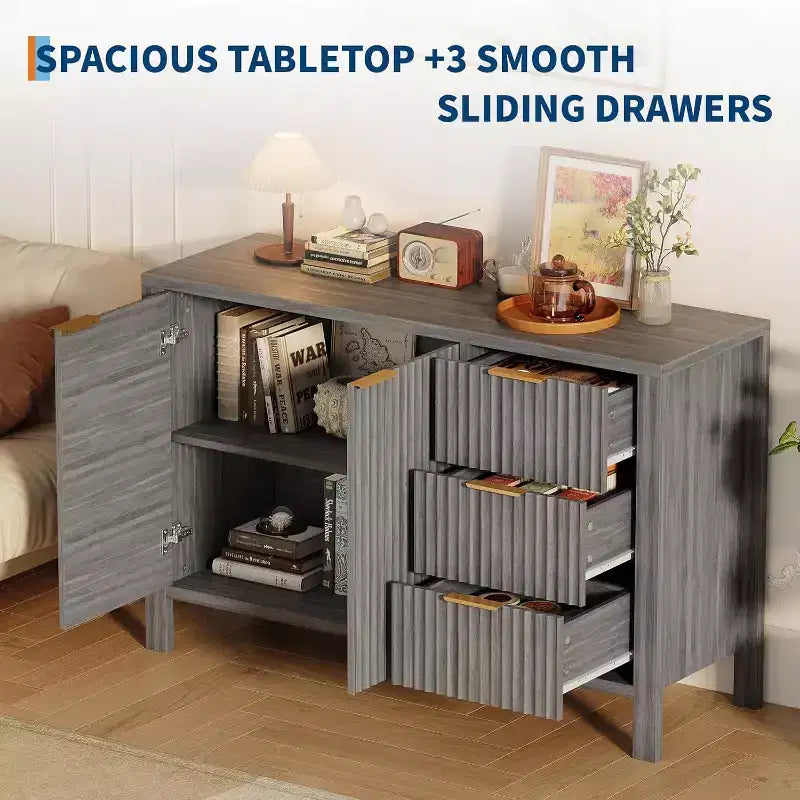 Buffet bahut à 3 tiroirs cannelé moderne, meuble de rangement pour cuisine ou salon