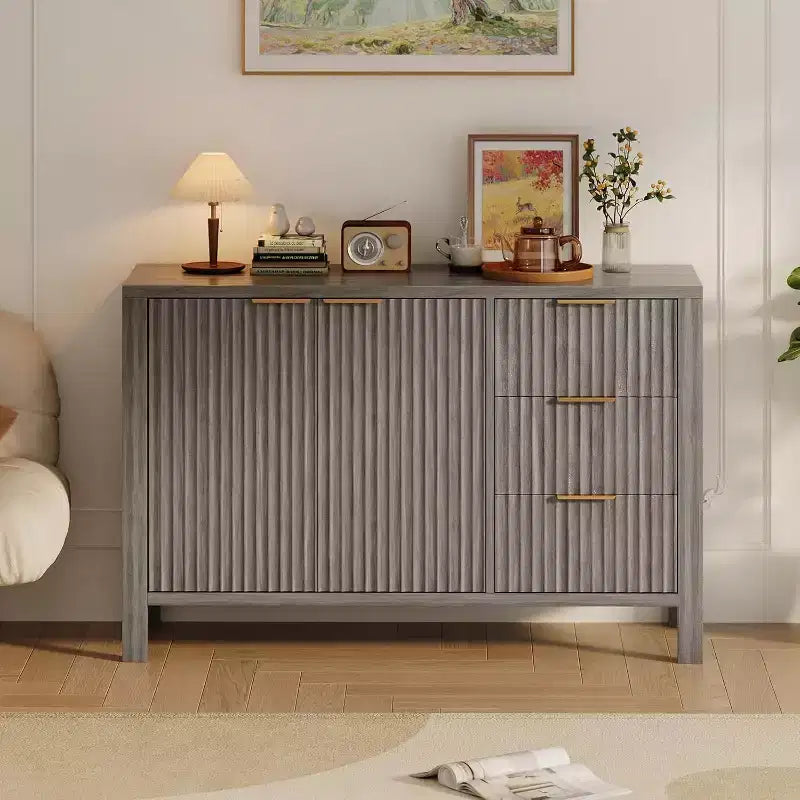 Buffet bahut à 3 tiroirs cannelé moderne, meuble de rangement pour cuisine ou salon