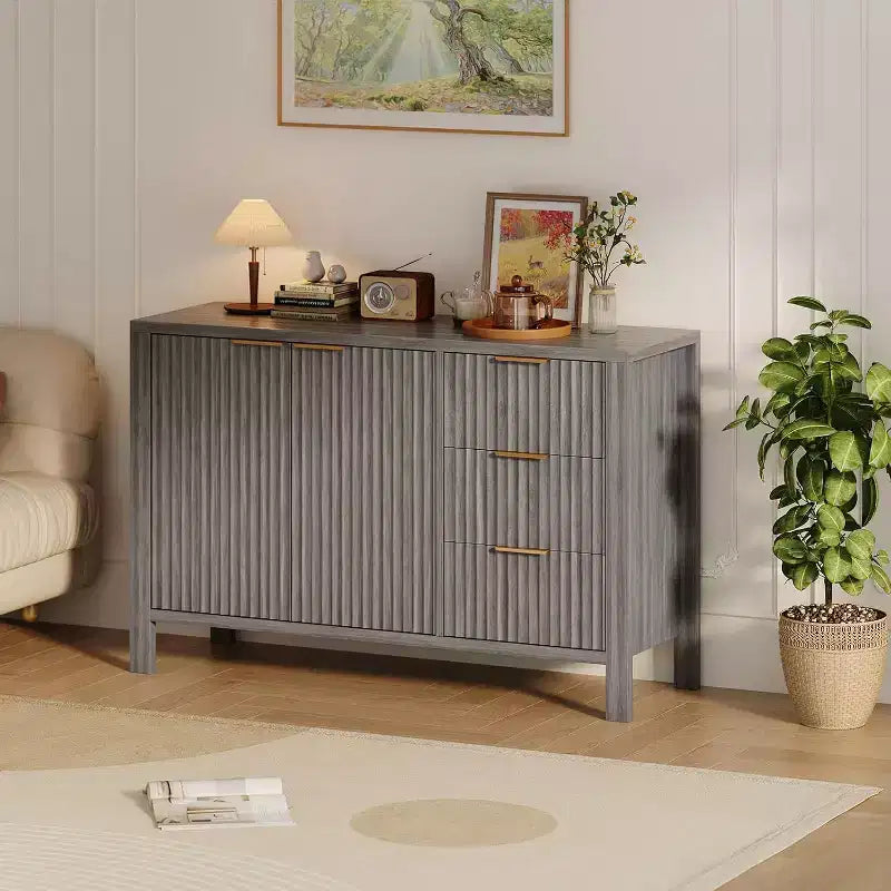 Buffet bahut à 3 tiroirs cannelé moderne, meuble de rangement pour cuisine ou salon