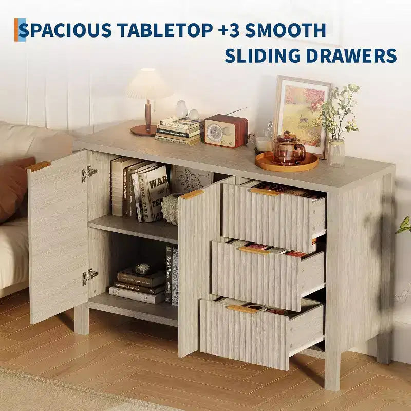 Buffet bahut à 3 tiroirs cannelé moderne, meuble de rangement pour cuisine ou salon