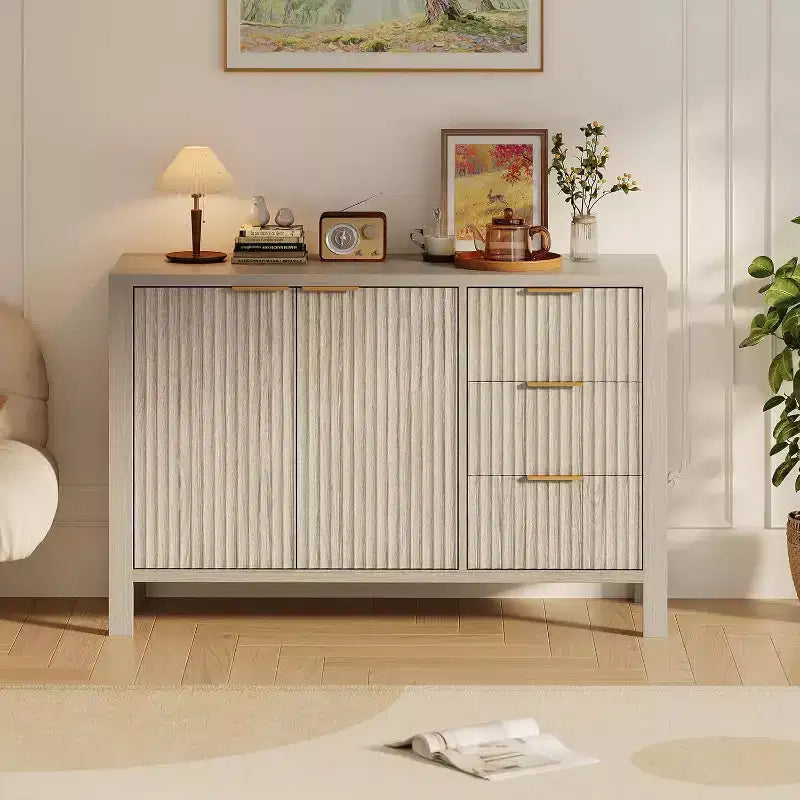 Buffet bahut à 3 tiroirs cannelé moderne, meuble de rangement pour cuisine ou salon