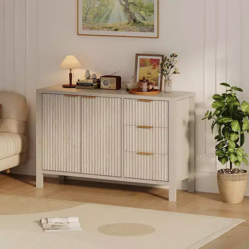 Buffet bahut à 3 tiroirs cannelé moderne, meuble de rangement pour cuisine ou salon