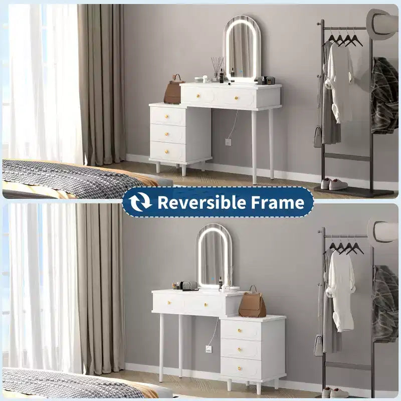 Coiffeuse avec miroir et lumières, 80 cm de large, en bois, avec 2 tiroirs et armoire, pour chambre à coucher.