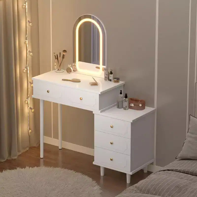 Coiffeuse avec miroir et lumières, 80 cm de large, en bois, avec 2 tiroirs et armoire, pour chambre à coucher.