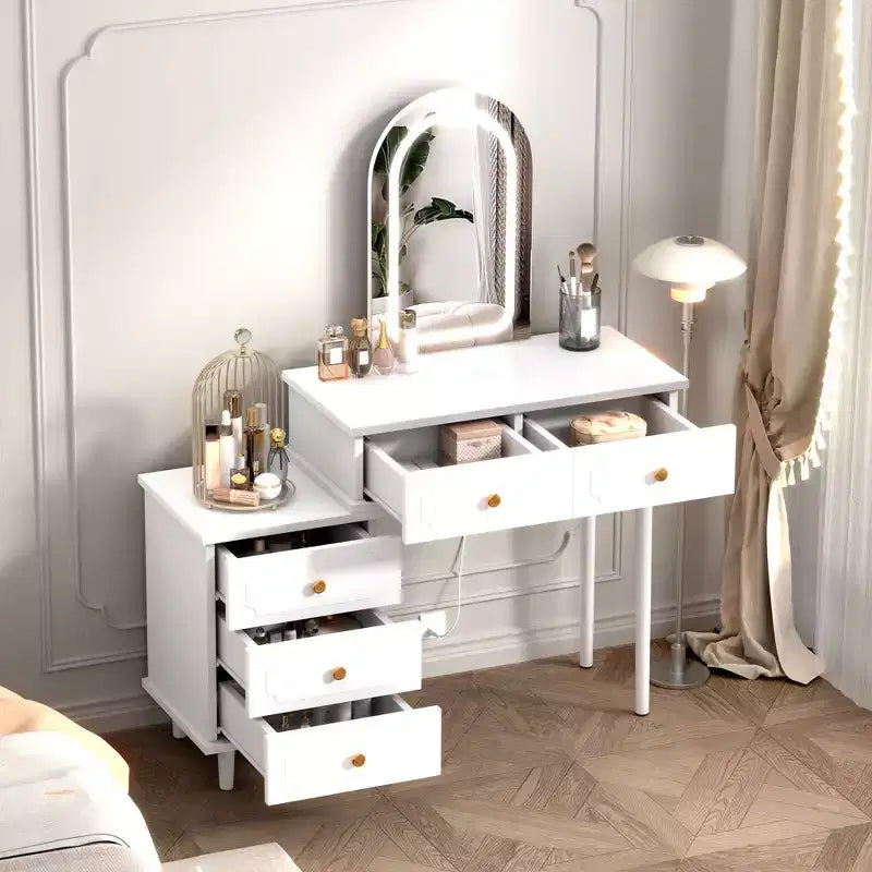Coiffeuse avec miroir et lumières, 80 cm de large, en bois, avec 2 tiroirs et armoire, pour chambre à coucher.