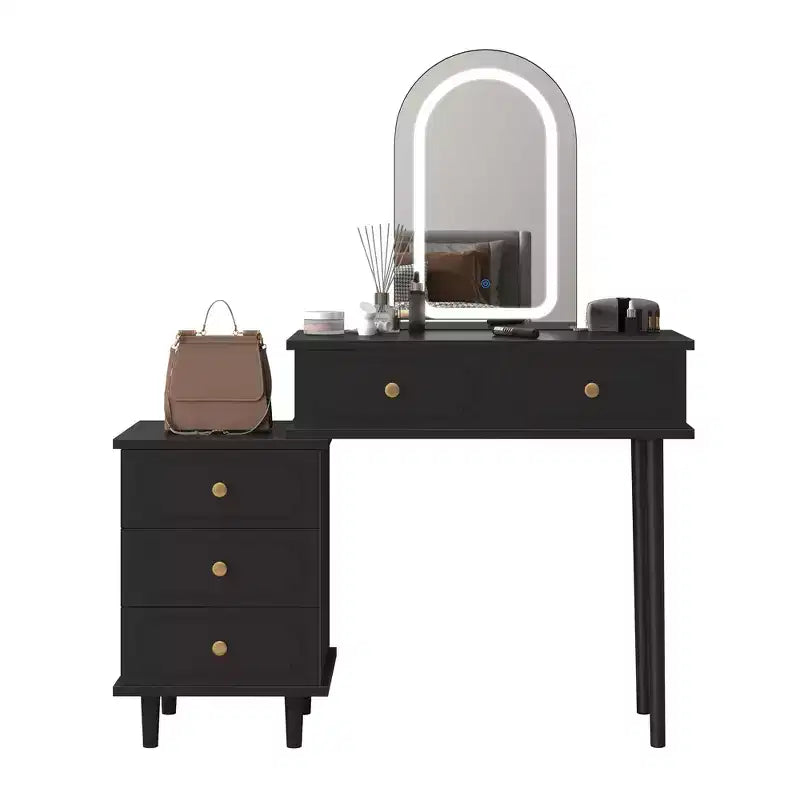 Makeup Vanity Desk with Mirror and Lights, 31W Wooden Dressing Table with 2 Drawers & Cabinet, Modern Makeup Vanity Table for Bedroom