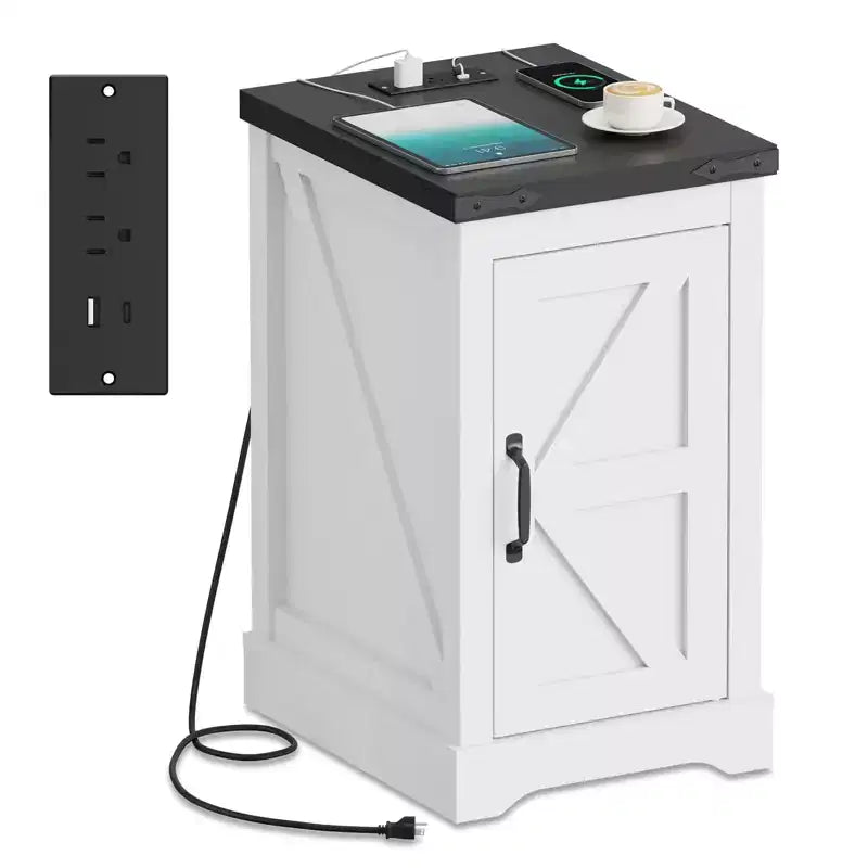 Farmhouse End Table, Adjustable Shelf, Cable Management | Convenient Power End Table for Bedroom, Living Room