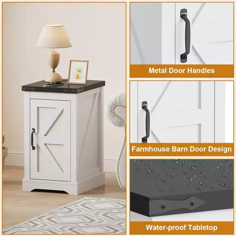 Table d'appoint de style rustique, Étagère réglable, Gestion des câbles | Table d'appoint pratique avec prise pour chambre, salon