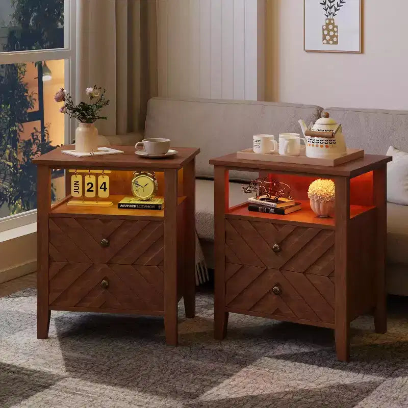 Nightstand with 2 Drawers, Stable Wooden Legs Farmhouse Nightstand, Wooden Rustic Bedside Table for Bedroom Living Room, 2 pcs, Brown