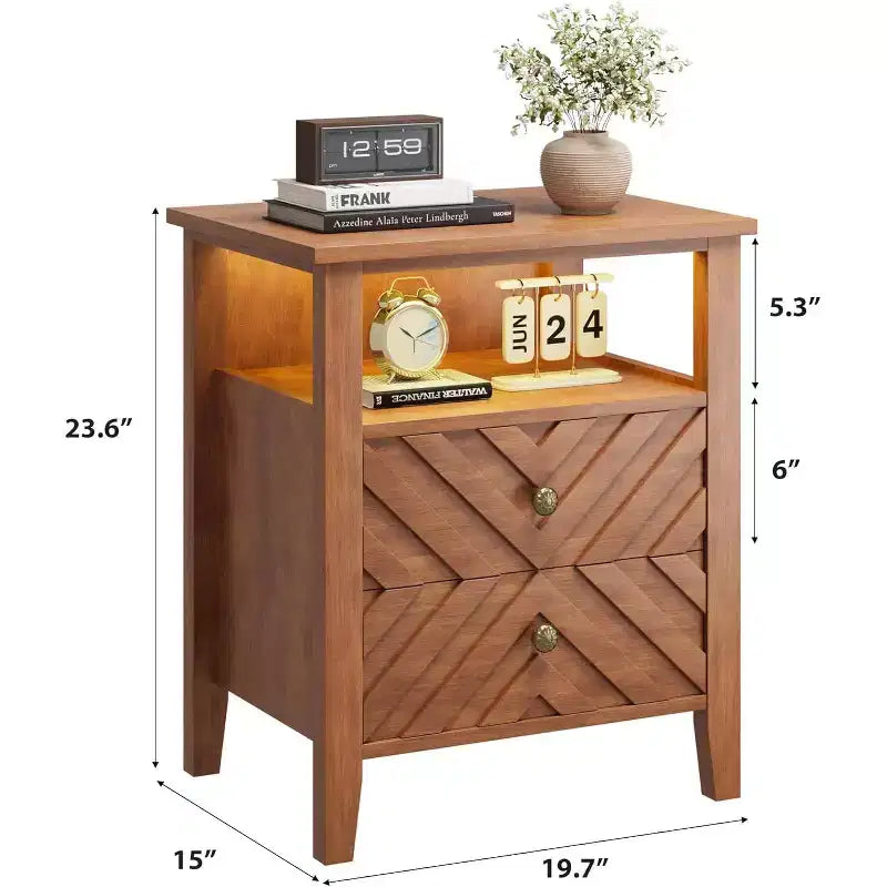 Table de chevet avec 2 tiroirs, pieds en bois stables, table de chevet rustique en bois pour chambre à coucher et salon, 2 pièces, marron