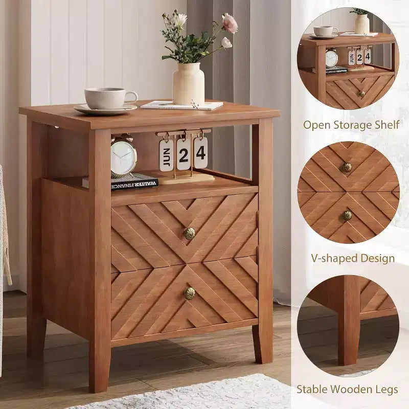 Table de chevet avec 2 tiroirs, pieds en bois stables, table de chevet rustique en bois pour chambre à coucher et salon, 2 pièces, marron