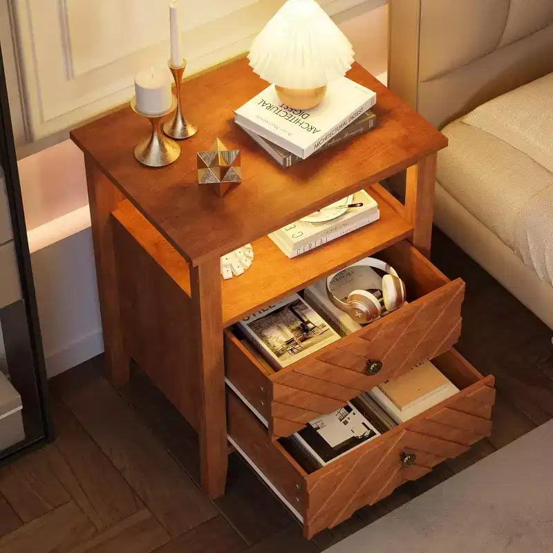Table de chevet avec 2 tiroirs, pieds en bois stables, table de chevet rustique en bois pour chambre à coucher et salon, 2 pièces, marron