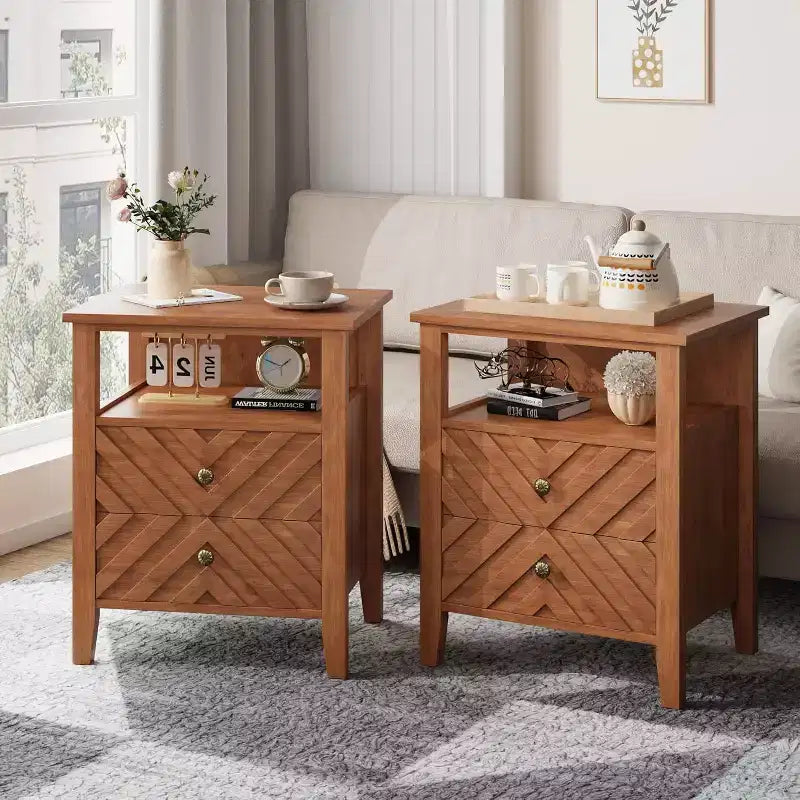 Table de chevet avec 2 tiroirs, pieds en bois stables, table de chevet rustique en bois pour chambre à coucher et salon, 2 pièces, marron