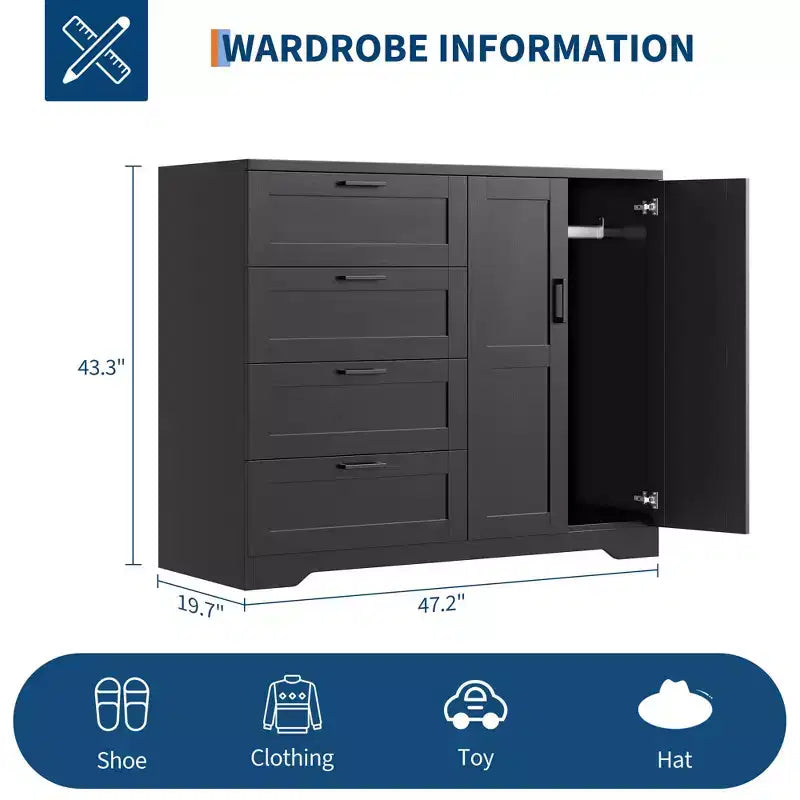 Armoire Penderie en Bois avec 2 Portes, 4 Tiroirs, Tringle à Vêtements, Dispositif Anti-Basculement et Poignées Métalliques, Rangement Moderne pour Chambre à Coucher