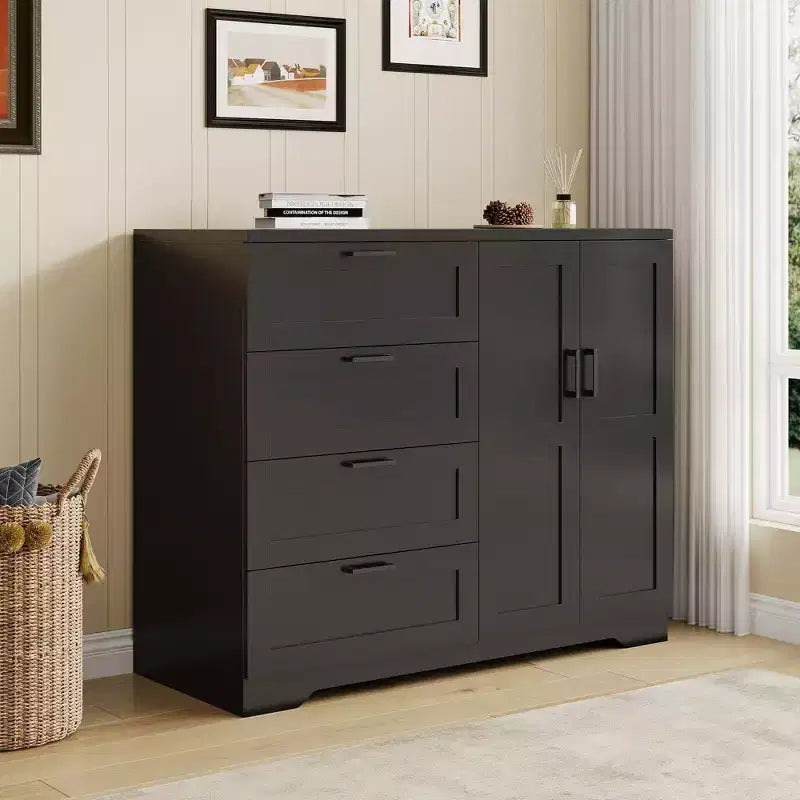 Armoire Penderie en Bois avec 2 Portes, 4 Tiroirs, Tringle à Vêtements, Dispositif Anti-Basculement et Poignées Métalliques, Rangement Moderne pour Chambre à Coucher