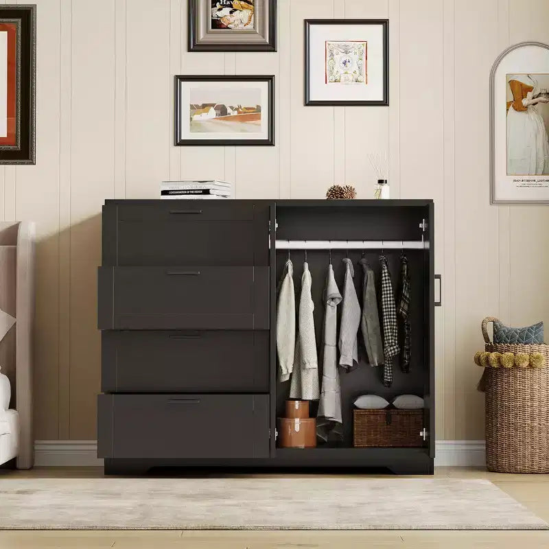 Armoire Penderie en Bois avec 2 Portes, 4 Tiroirs, Tringle à Vêtements, Dispositif Anti-Basculement et Poignées Métalliques, Rangement Moderne pour Chambre à Coucher