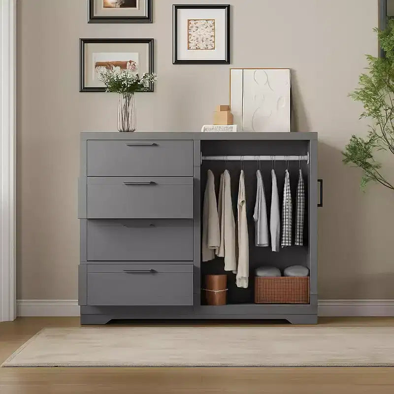Armoire Penderie en Bois avec 2 Portes, 4 Tiroirs, Tringle à Vêtements, Dispositif Anti-Basculement et Poignées Métalliques, Rangement Moderne pour Chambre à Coucher