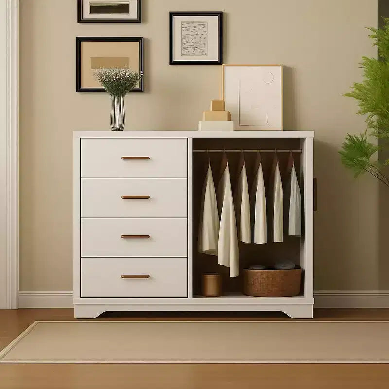 Armoire Penderie en Bois avec 2 Portes, 4 Tiroirs, Tringle à Vêtements, Dispositif Anti-Basculement et Poignées Métalliques, Rangement Moderne pour Chambre à Coucher