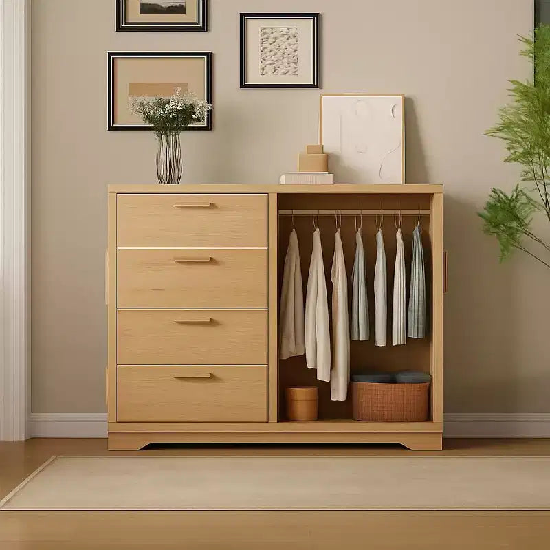 Armoire Penderie en Bois avec 2 Portes, 4 Tiroirs, Tringle à Vêtements, Dispositif Anti-Basculement et Poignées Métalliques, Rangement Moderne pour Chambre à Coucher