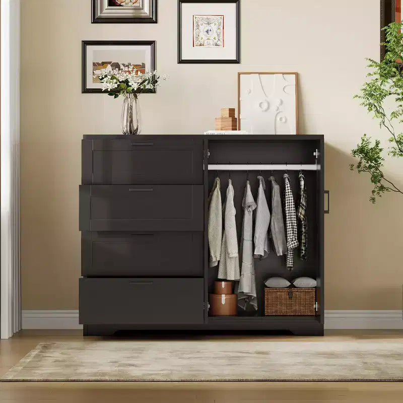 Acekool Wooden Armoire Wardrobe Closet with 2 Doors, 4 Drawers, Hanging Rod, Anti-Tip Design & Metal Handles, Modern Bedroom Storage