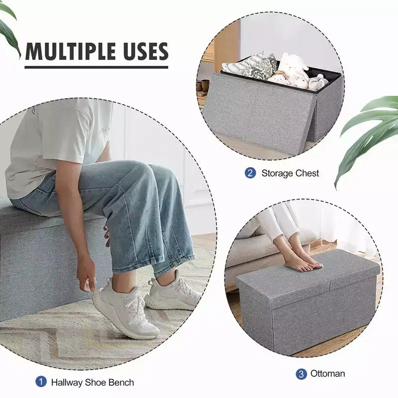 Banc de rangement pliant 30" avec couvercle relevable, bout de lit, capacité 80 L, gris clair/gris foncé