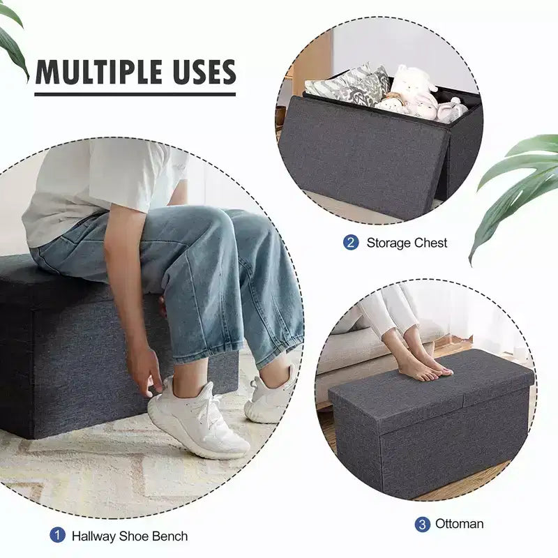 Banc de rangement pliant 30" avec couvercle relevable, bout de lit, capacité 80 L, gris clair/gris foncé