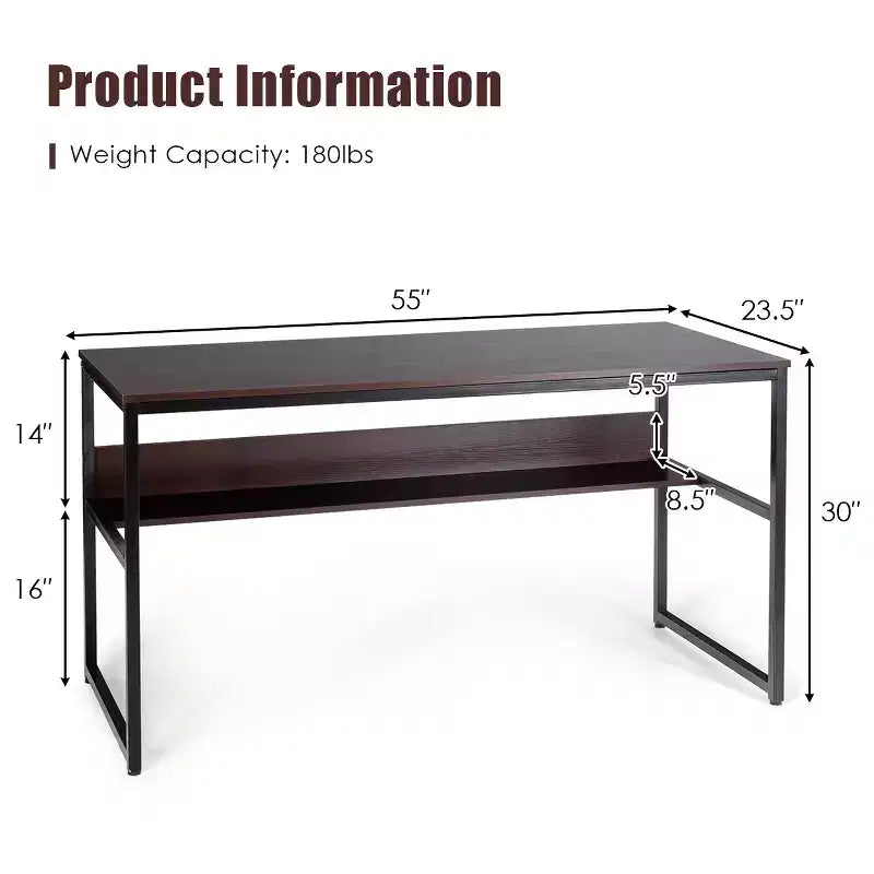 Bureau informatique industriel de 55" avec étagère de rangement et patins réglables