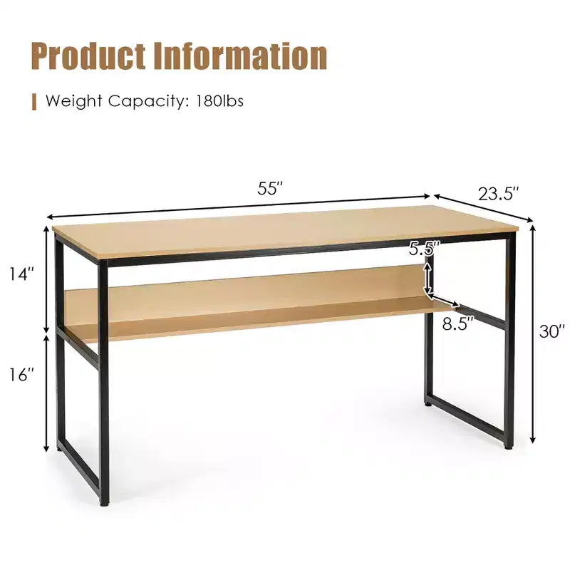 Bureau informatique industriel de 55" avec étagère de rangement et patins réglables