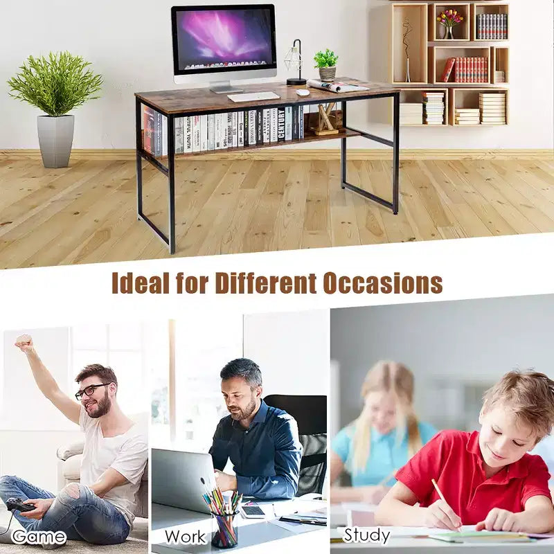 Bureau informatique industriel de 55" avec étagère de rangement et patins réglables