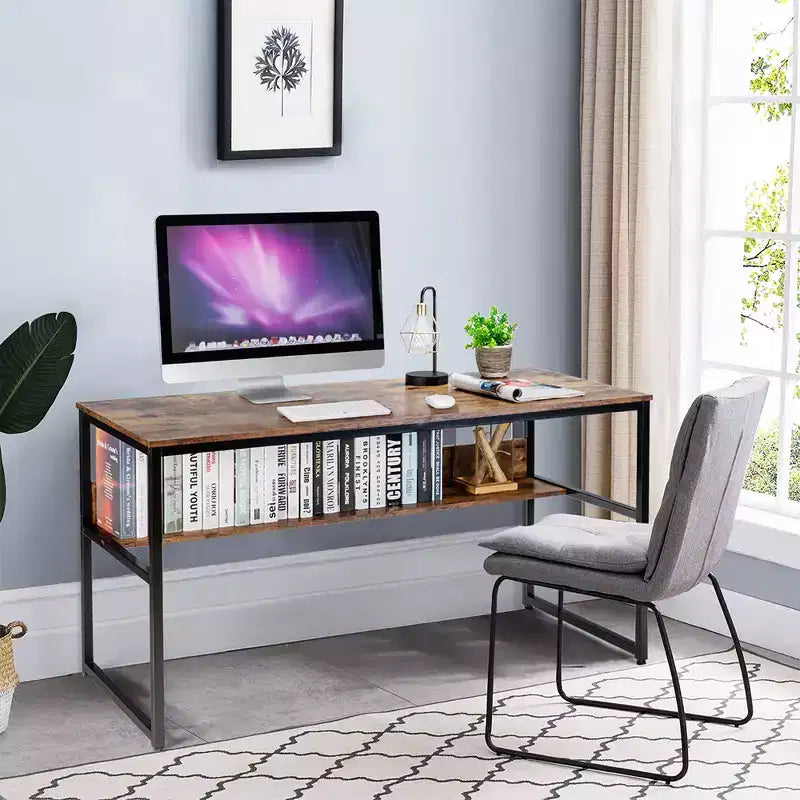 Bureau informatique industriel de 55" avec étagère de rangement et patins réglables