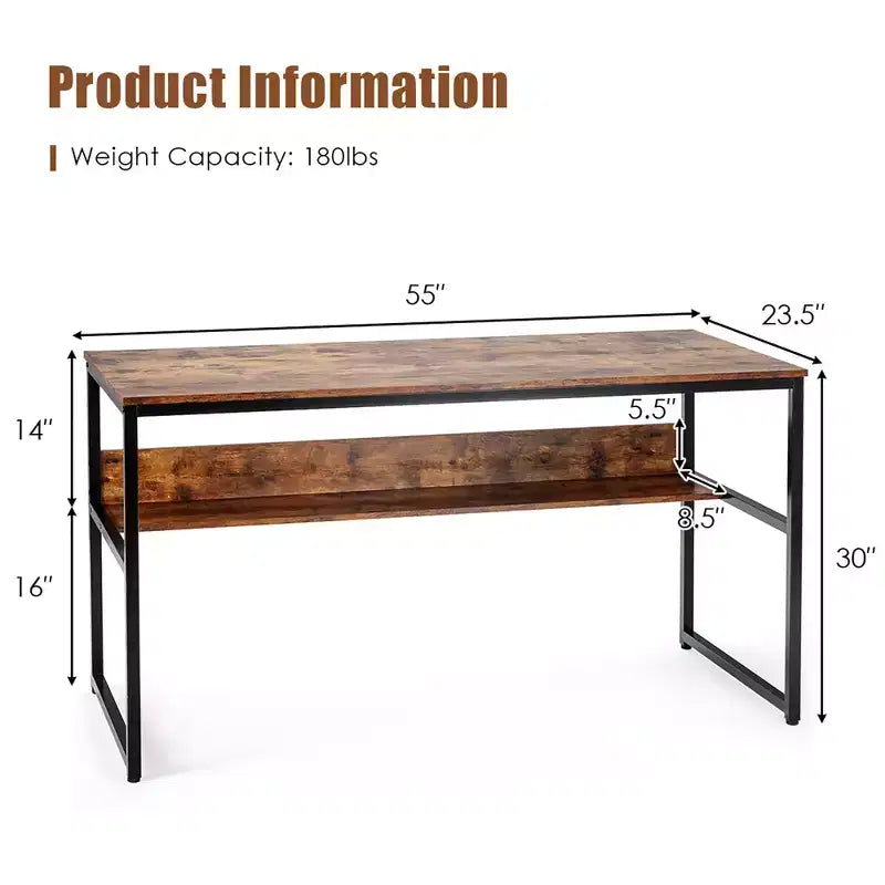 Bureau informatique industriel de 55" avec étagère de rangement et patins réglables