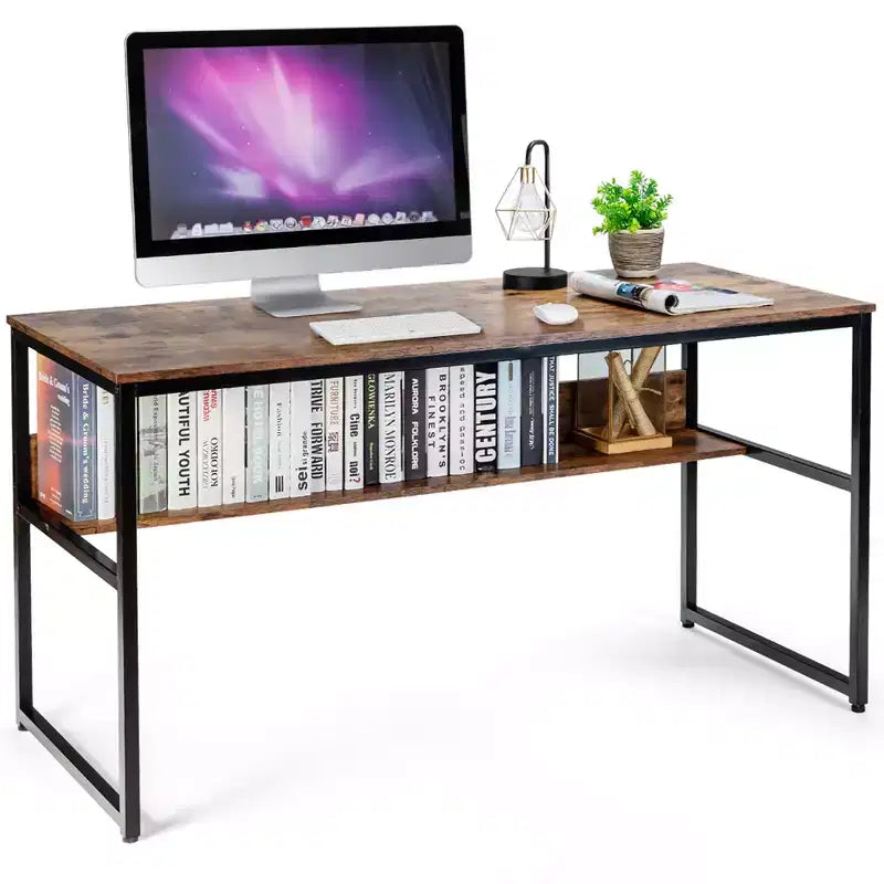 Costway 55'' Industrial Computer Desk w/ Storage Shelf Adjustable Foot Pads