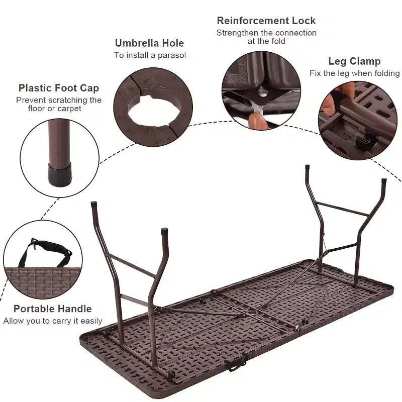 Table pliante 1,80 m en rotin portable intérieur extérieur pique-nique fête repas camping
