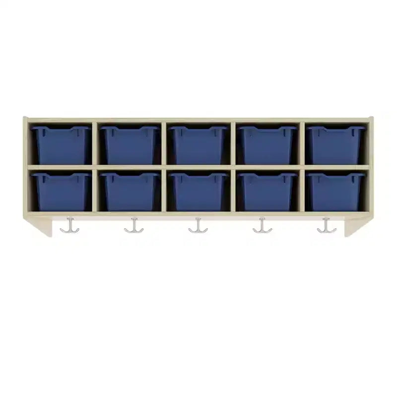 Vestiaire suspendu à 10 sections avec 10 bacs à façade incurvée, Rangement casiers